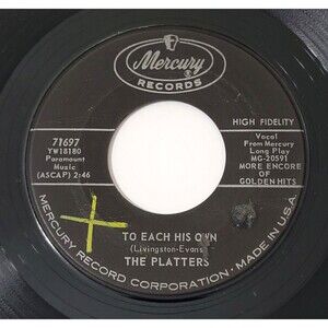 The Platters To Each His Own/Down The River Of Golden Dreams 45 RPM Mercury VG
